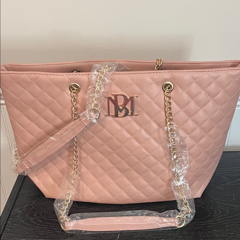 Badgley Mischka Pink Quilted Tote with Gold Chain